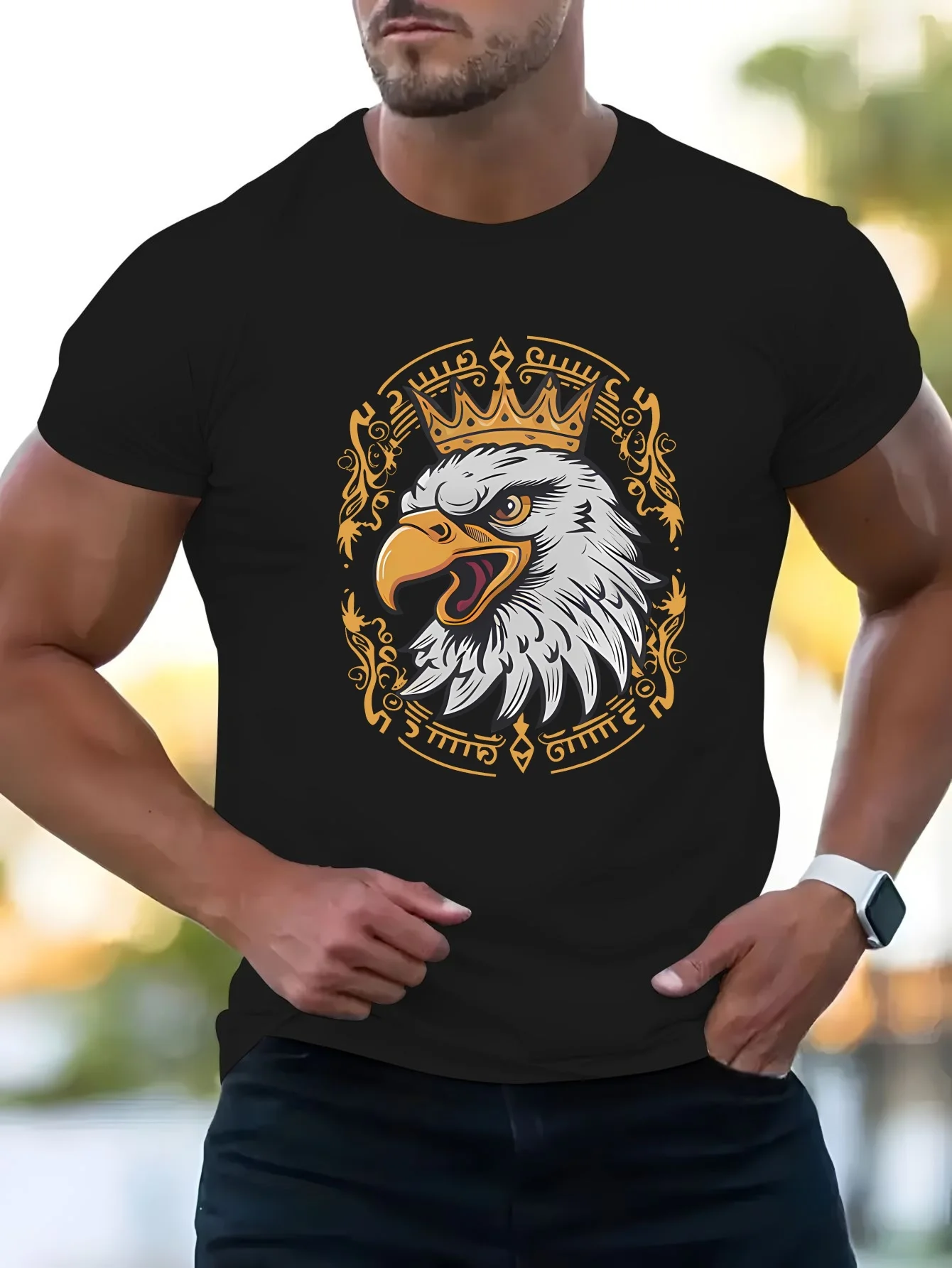 Crowned Eagle Head Mens Crew Neck T Shirt Vintage Ornament Frame Majestic Bird Graphic Short Sleeve Casual Street Tops