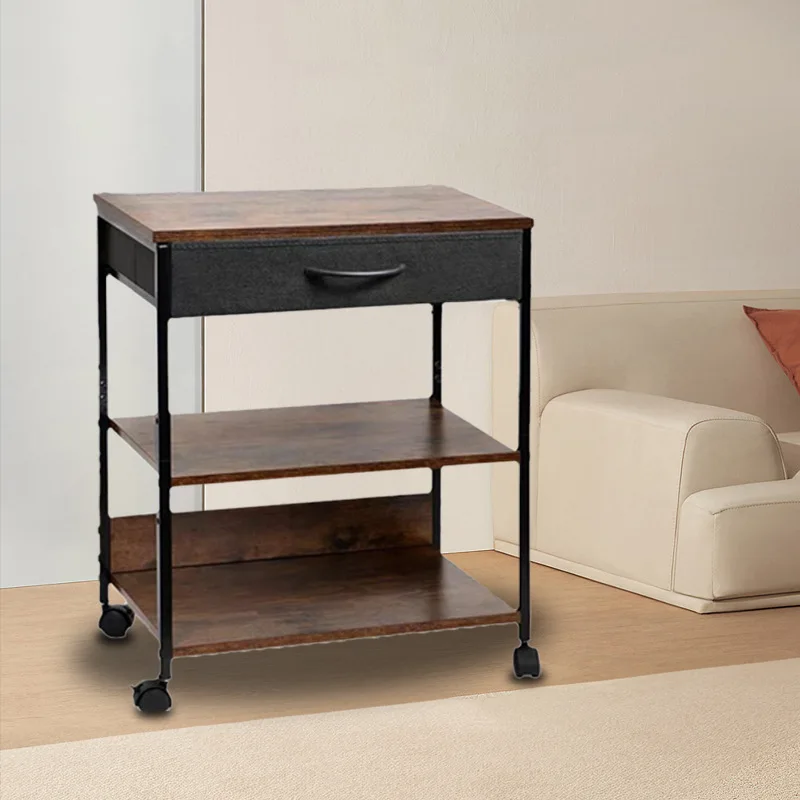combined shelves, removable trolley in household living room, storage rack with drawers at the bedside of the bedroom