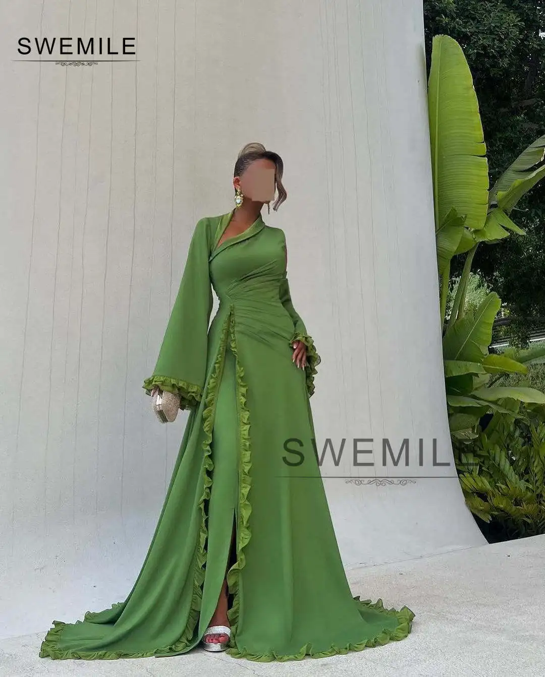 SWEMILE Green A-Line Hollow Out Sweep Train Chiffon Zipper Up Long Sleeves Dresses For Prom Evening Party Dress Vestidos De Fies