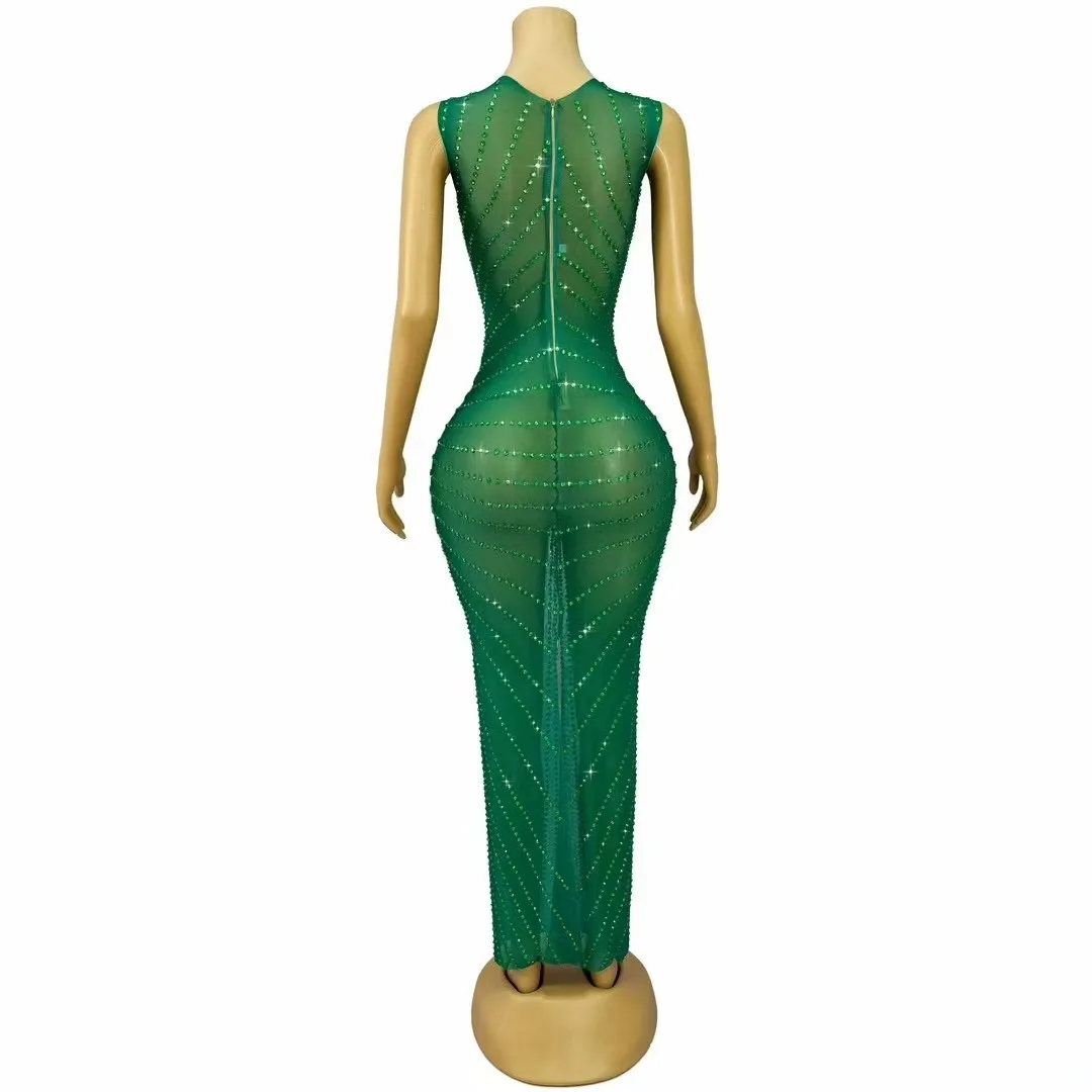 Women Sparkly Rhinestones Transparent Green Gold Dress Evening Birthday Celebrate Party Dance Performance Photoshoot Costume