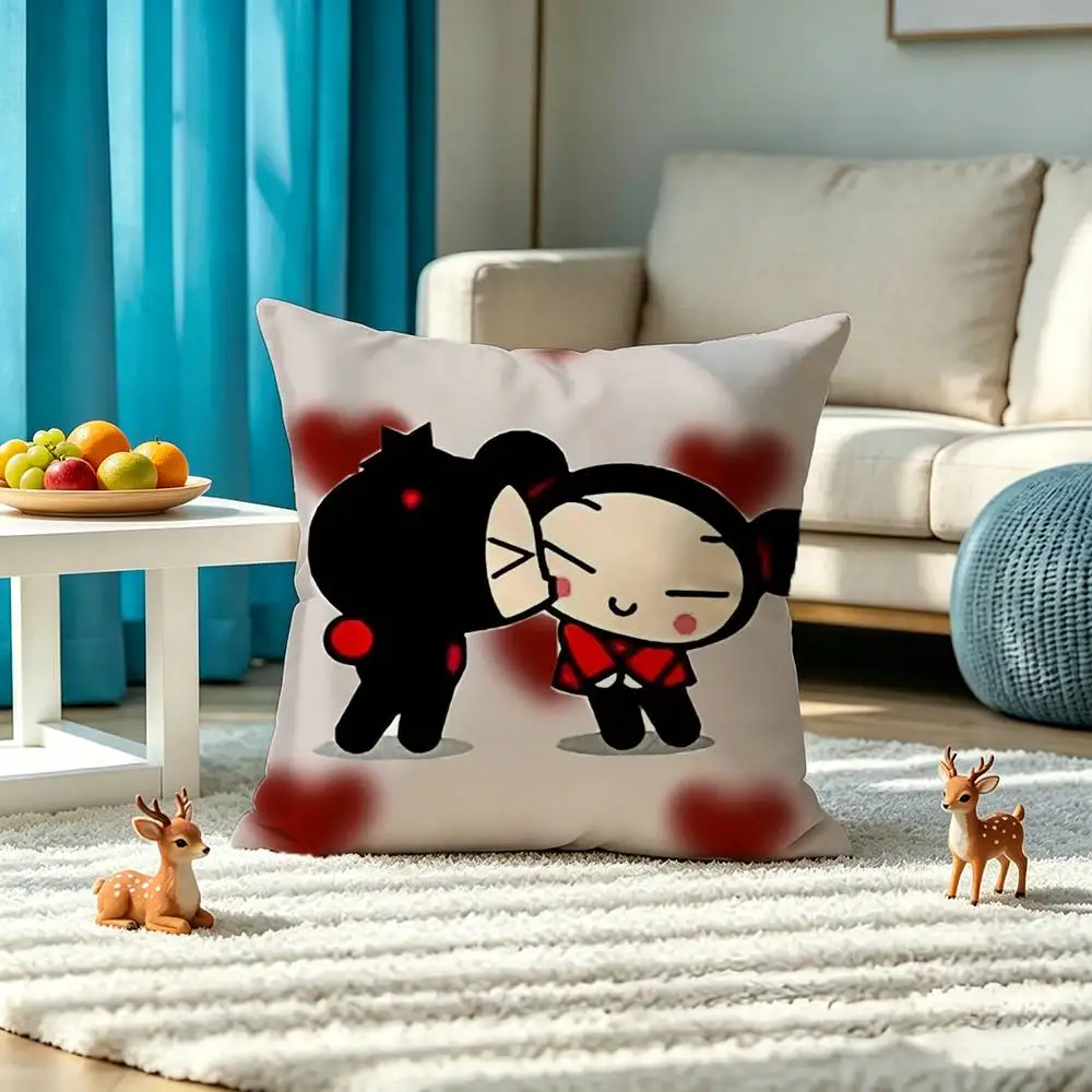Kawaii P-Pucca Anime Square Double-Sided printed Pillow Case Bedroom Bedside Pillow Sofa Cushion Cover