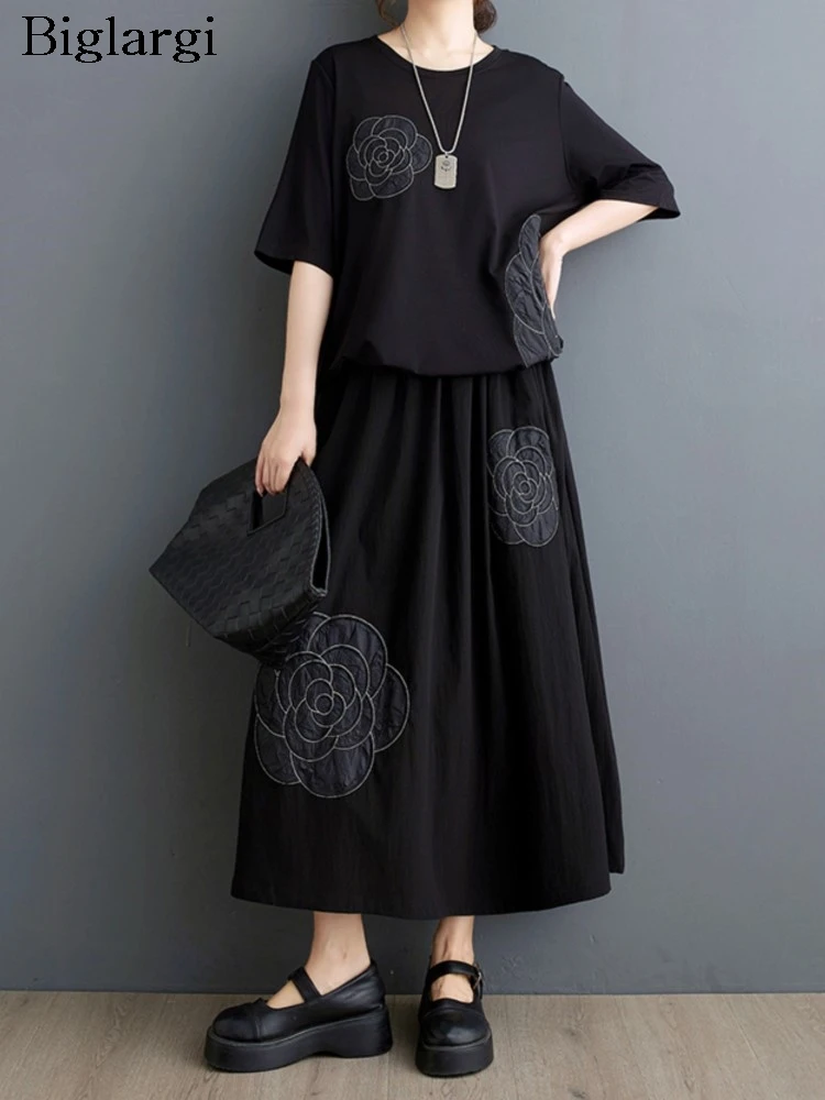 Oversized Flower Embroidery Summer 2 Two Piece Set Women Fashion Casual Ladies Blouses Ruffle Pleated Loose Woman Midi Skirts