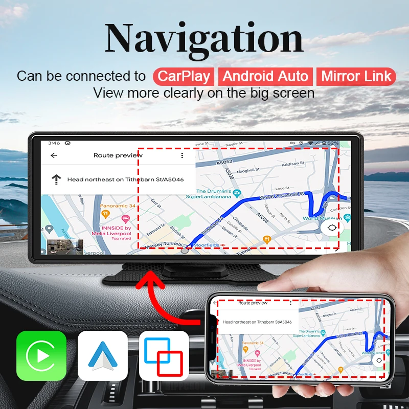 Hippcron 10,26'' Auto Radio Bildschirm Multimedia Video Player Drahtlose Carplay Android Auto Mirrorlink BT AUX TF USB Universal – Detail 3