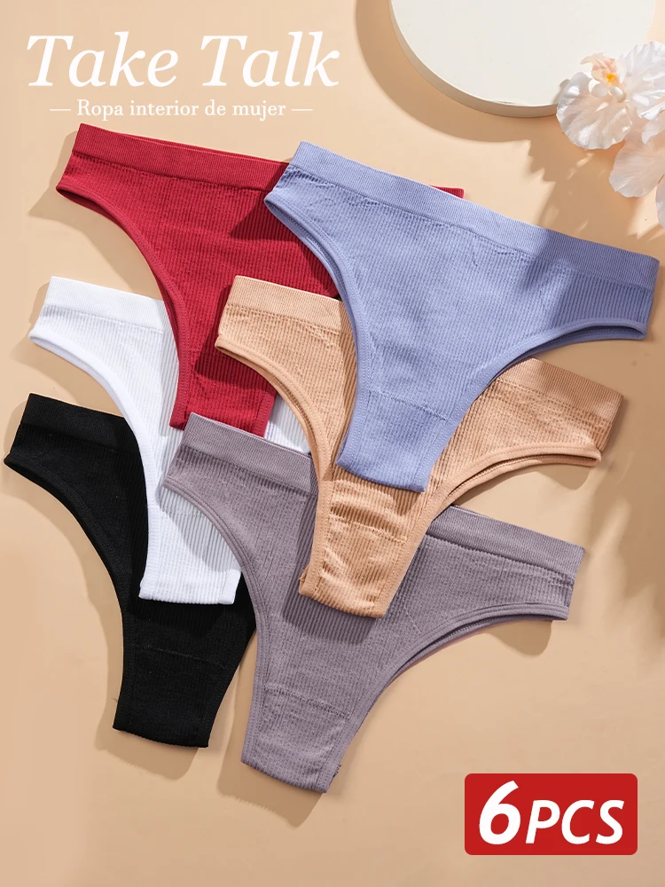 

6 шт./компл., женские однотонные бразильские трусики с низкой талией, сексуальное женское белье, женское высокоэластичное нижнее белье, эластичные стринги в рубчик с Т-образной спинкой