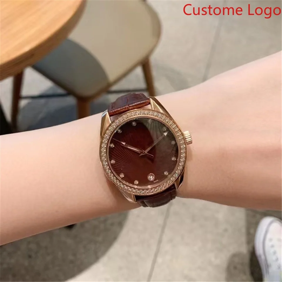 Vintage Brown Sun Pattern Dial Ladies Watch Full Crystal Bezel Calendar Rose Gold Metal Case Soft Brown Leather Band Waterproof Female Quartz Clock