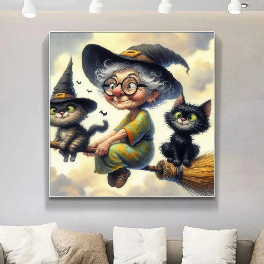 Old Witch Riding Broomstick 5D DIY AB Diamond Painting Mosaic Cartoon Art Cross Stitch Rhinestones Craft Home Decor Mother Gifts