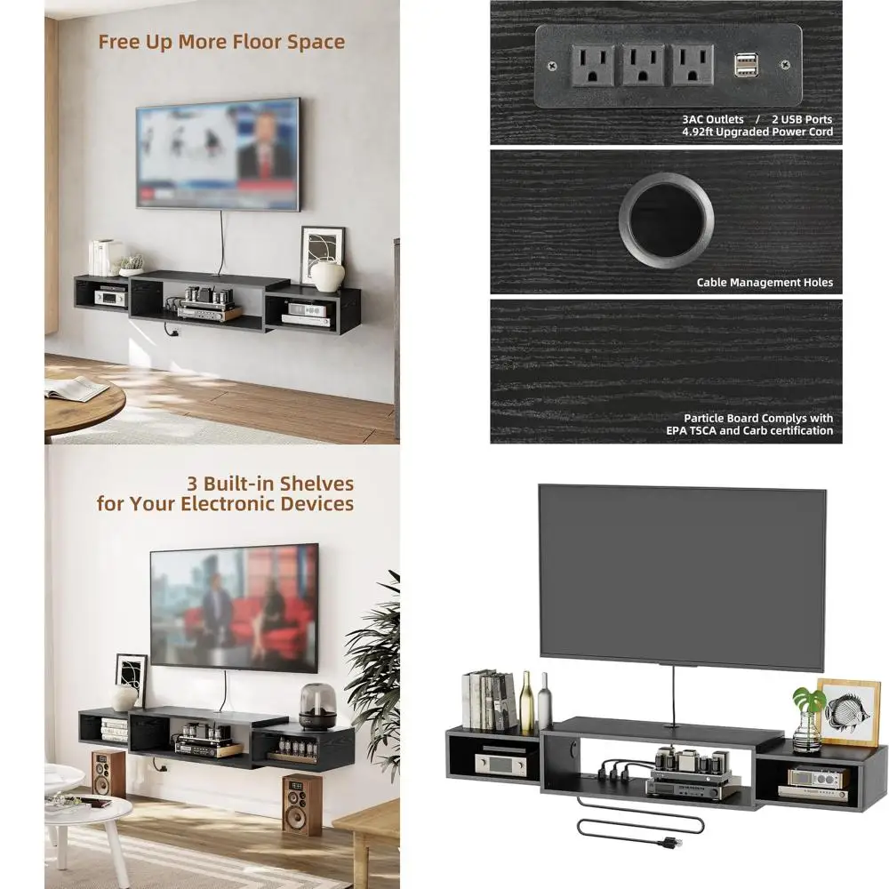 Modern 55 Wall-Mounted TV Stand with Power Outlet, Storage & Cable Management for Living Room and Bedroom (Black)