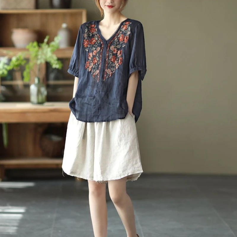 

Летняя винтажная женская блузка с художественной вышивкой, из хлопка и льна, свободного кроя, элегантная, с коротким рукавом