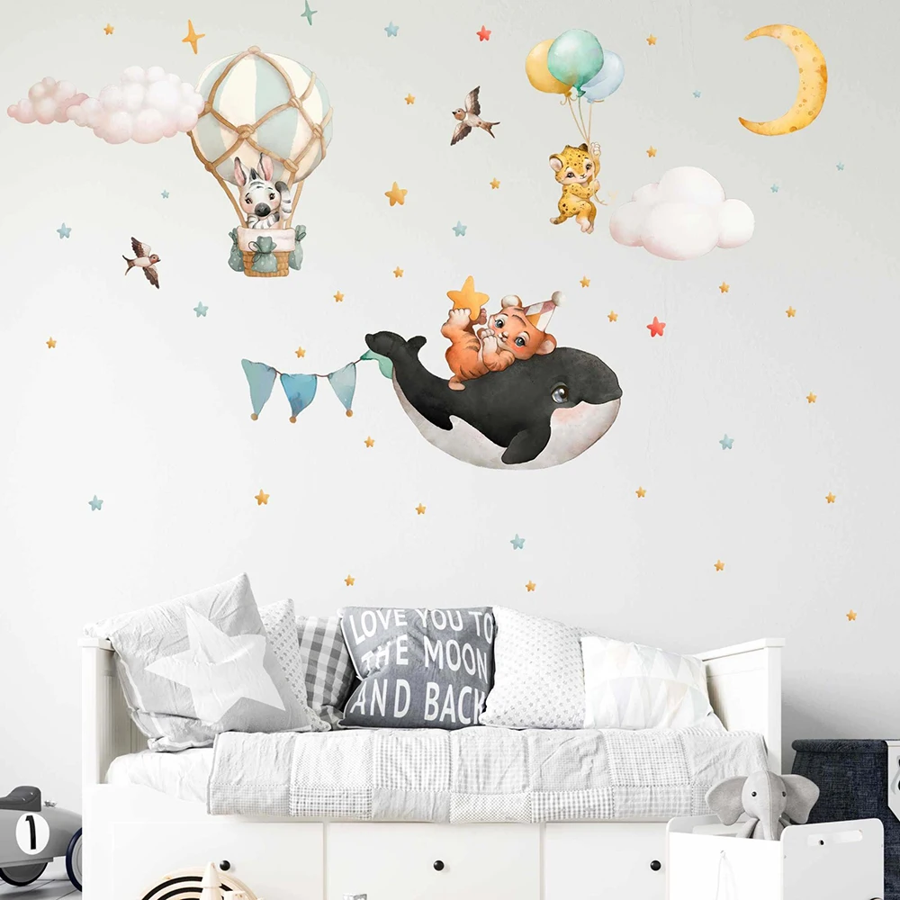 Watercolor Whale Tiger Zebra Balloon Moon Star Wall Sticker Baby Nursery Kids Room Safari Animal Wall Decal Bedroom Home Decor