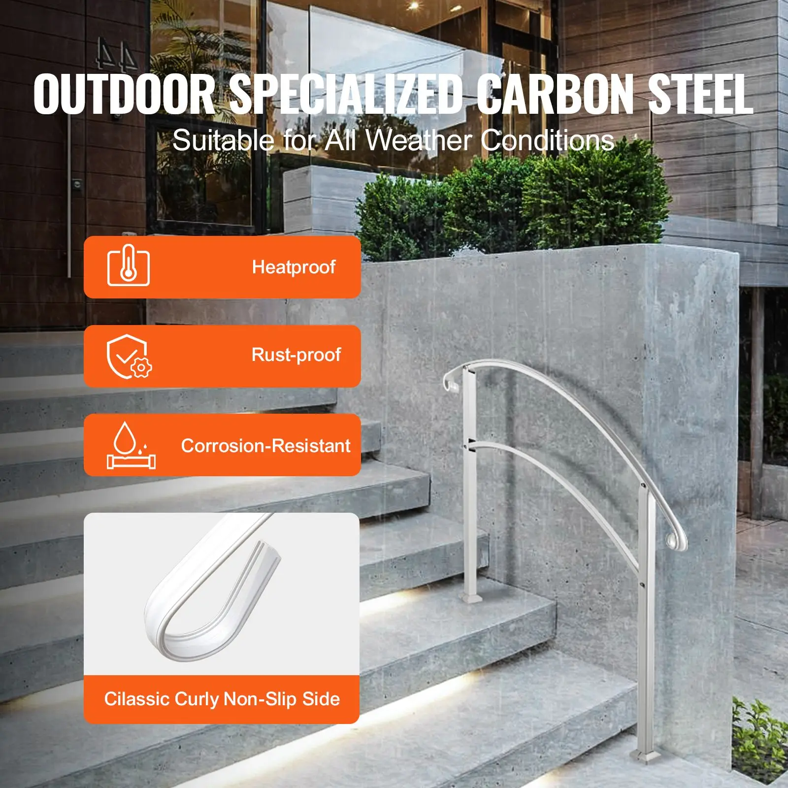 Handrails for Outdoor Steps, Fit 1 or 3 Steps Outdoor Stair Railing, White Wrought Iron Handrail, Flexible Front Porch Hand Rail, Transitional Handrails for Concrete Steps or Wooden Stairs - view 3