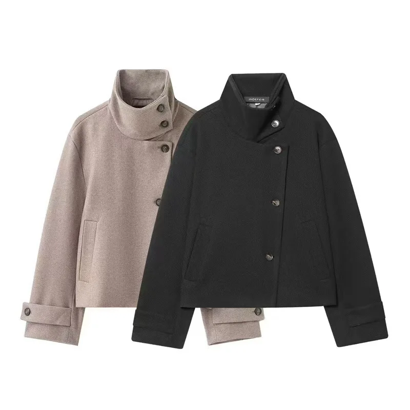

Европейская и американская модная повседневная куртка с воротником-стойкой, женская модная однобортная универсальная шерстяная куртка с индивидуальным дизайном