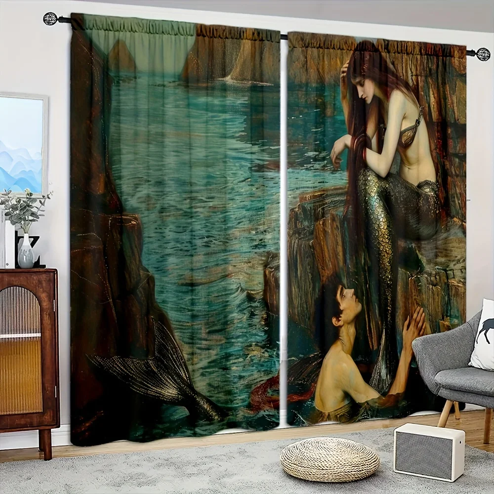 Mermaid Art Curtains, Fantasy Ocean Print Sheer Drapes, Mythical Sea Nymph Decor for Living Room Bedroom Window Treatment