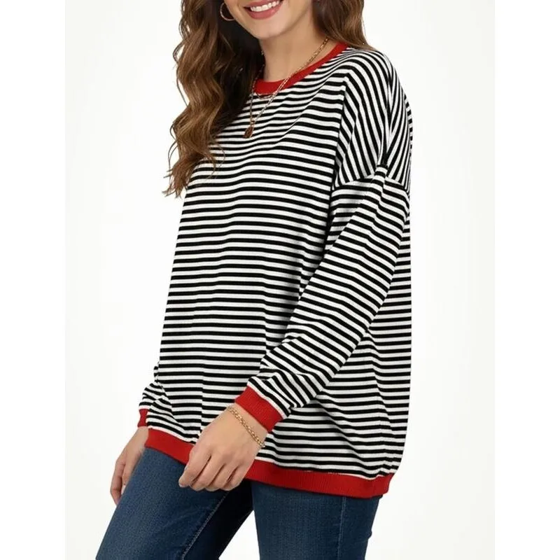 Beauty Women's Long Sleeve Crewneck Knitted Striped Sweatshirt Comfortable Soft Material Spring Autumn Fashion Casual Top