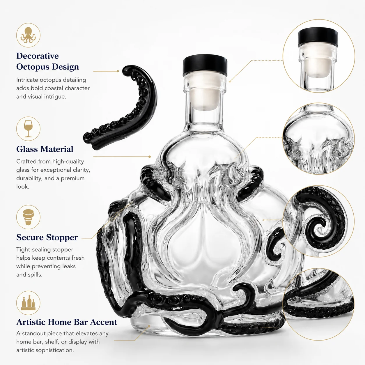 Octopus Glass Whiskey Decanter Creative Kraken Liquor Bottle with Stopper, Unique Home Bar Decor, Premium Wine Dispenser Gift