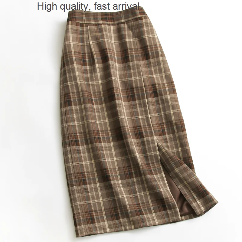 

Pattern J648 Plaid Half Elastic Waist Slit Sheath Skirt Autumn and Winter New All-Matching Fashion Long Skirt Women's Skirt