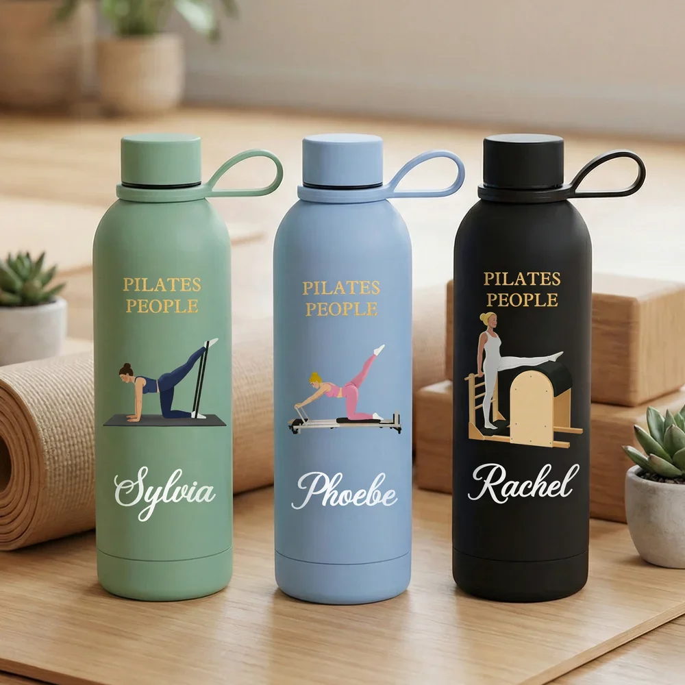 Personalized Name Cartoon Pilates Character Water Bottle with Handle Sports Water Cup Birthday Gift for Pilates Enthusiasts