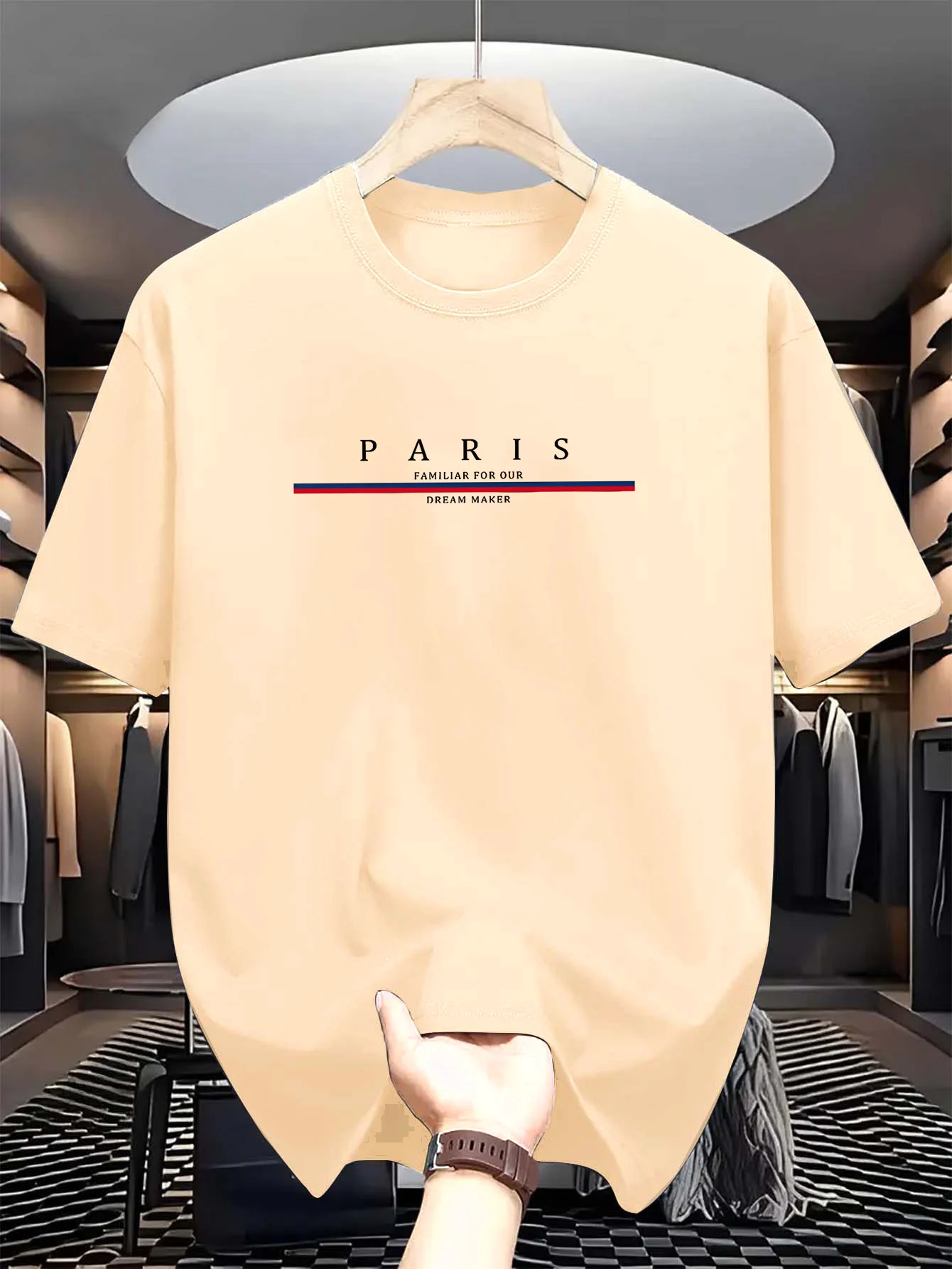 Men's 100% pure cotton summer casual loose fashion Paris letter printed comfortable round neck short sleeved T-shirt top image 5