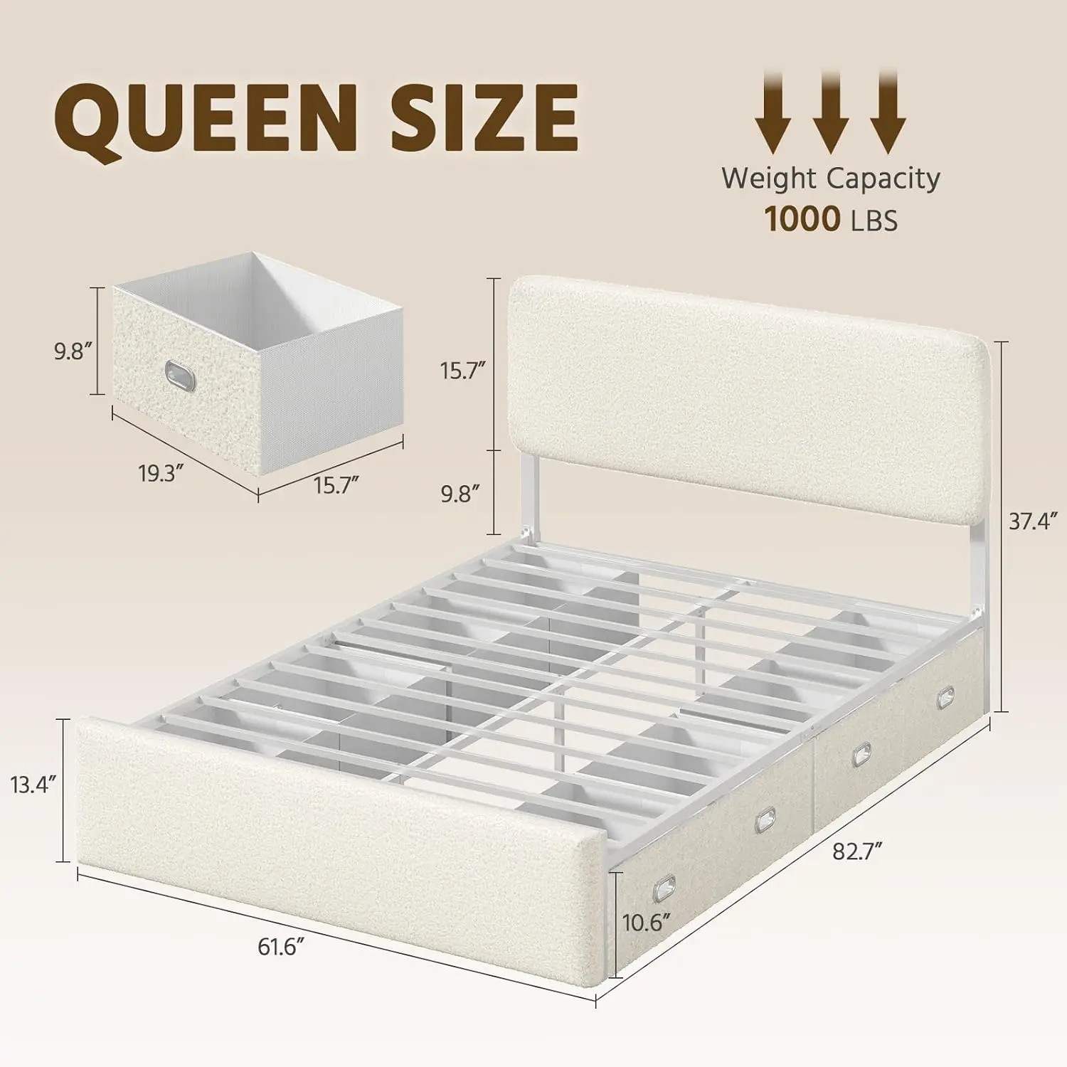 Queen Bed Frame with 8 Storage Drawers & Headboard, Beige, Customized