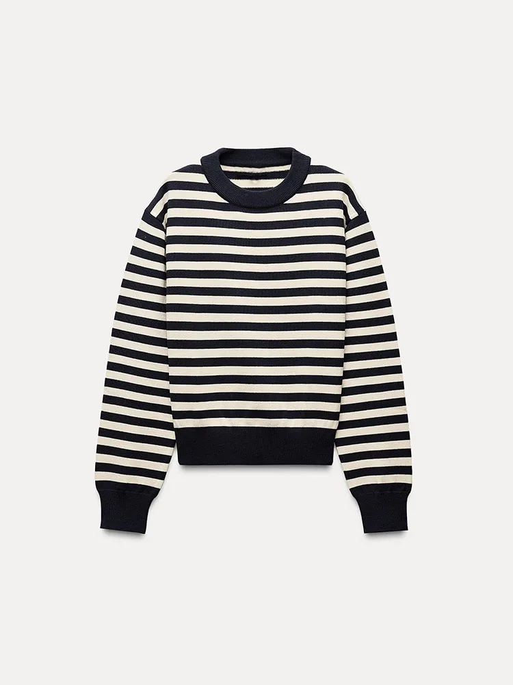 

Spring New Arrival Women's Versatile round Ne Long Sve Striped Casual Sport ort Knitted Sweater Slim Fit Commute Sle