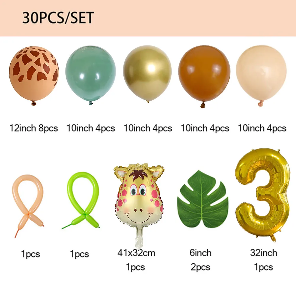 30pcs Jungle Safari Animal Number Balloons Set Kids 1 2 3 Years Birthday Party Decorations Wild One Green Latex Helium Globos