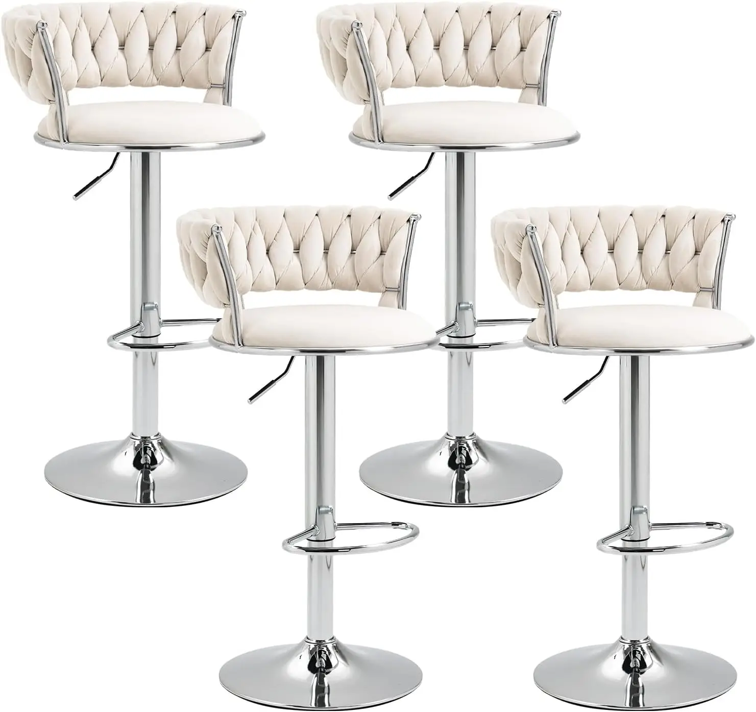 Velvet Swivel Bar Stools Set of 4, Modern Adjustable Barstools with Woven Back, Counter Height Bar Stool with Silver Leg, Uphols