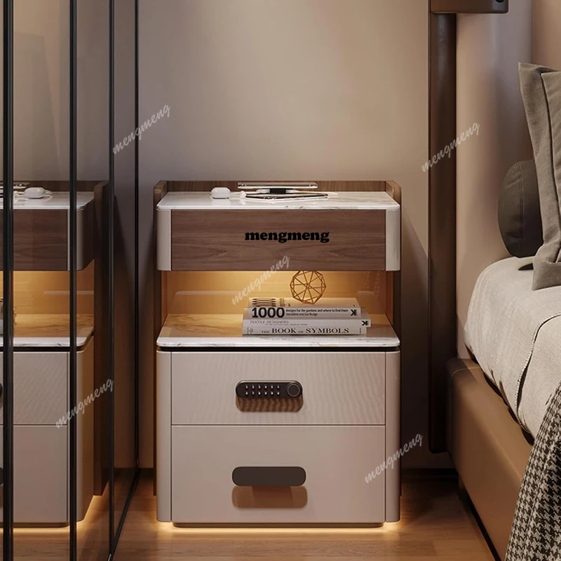 Smart Charging Station Wooden Nightstand Bedroom Walnut Side Table with Open Shelves Nightstand Usb Sensor Light Smart Fingerp