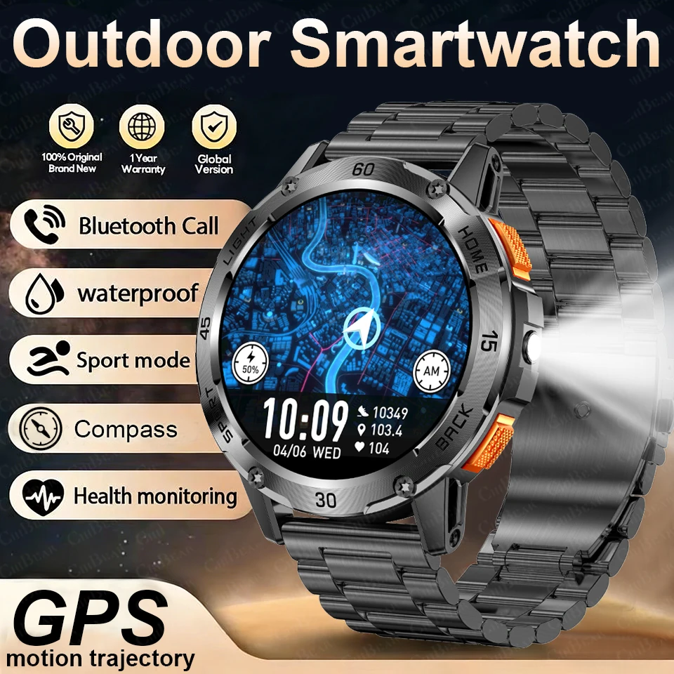 Reloj inteligente deportivo para exteriores 2026, con brújula, resistente al agua 3ATM, linterna LED, monitor de salud, llamadas Bluetooth, compatible con Android e iOS