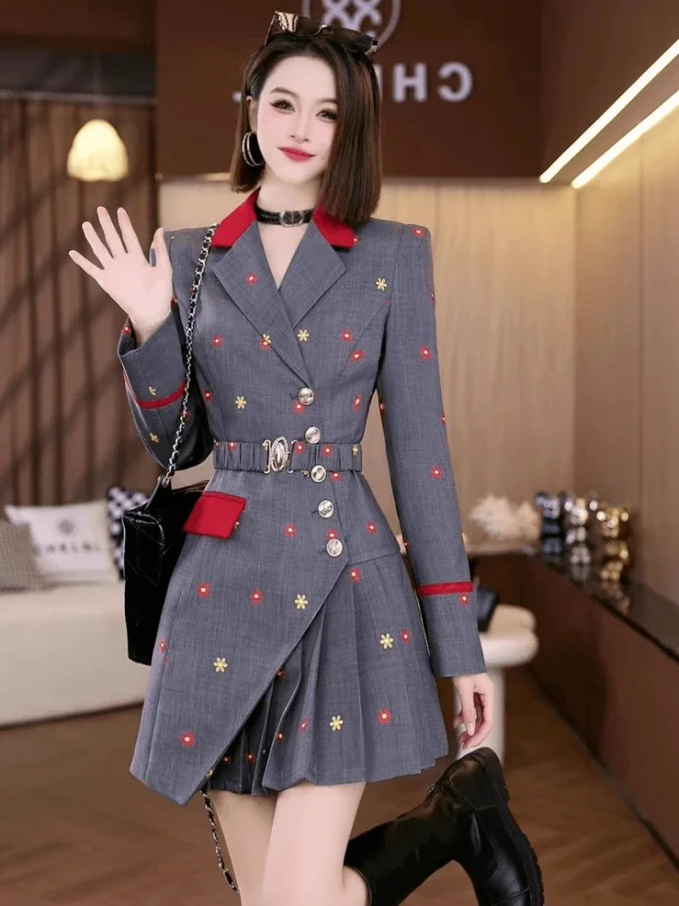 

French Commuter Grey Dress New Elegant Embroidery Contrasting Color Splicing Slim Pleated Skirt Long Sleeved Suit Dresses Women