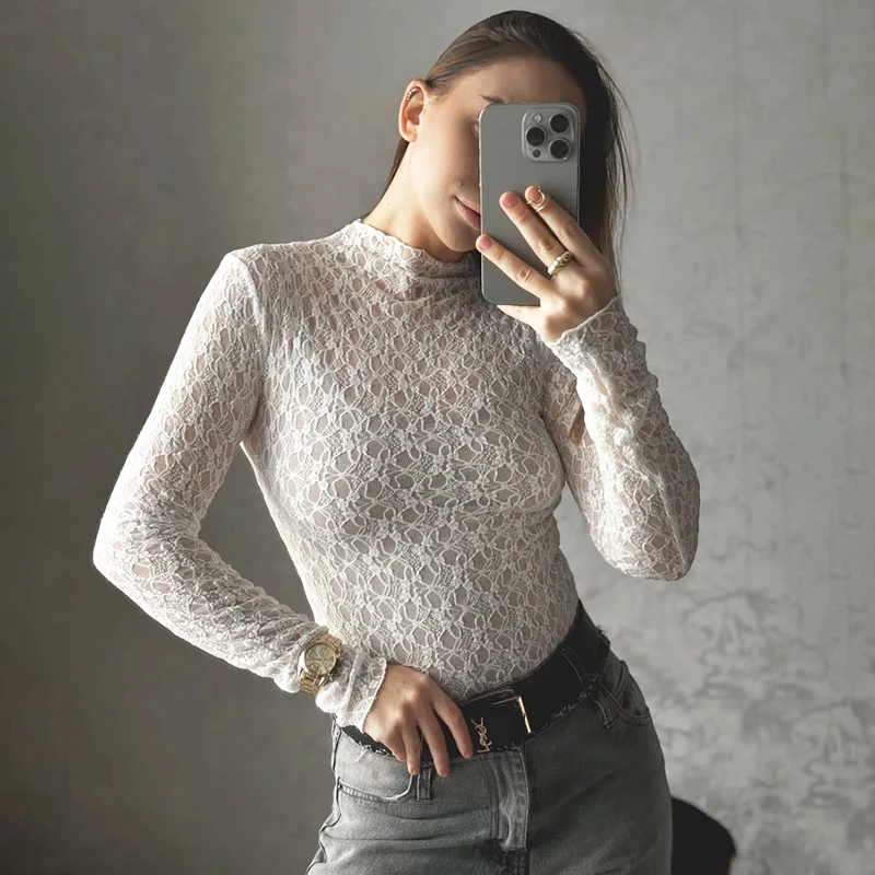 

Tornova Fashion Sheer Lace Top Women's Sexy Long-Sleeved Mesh Inner Top 2026 Spring Summer New Top Female Solid Slim Clothes