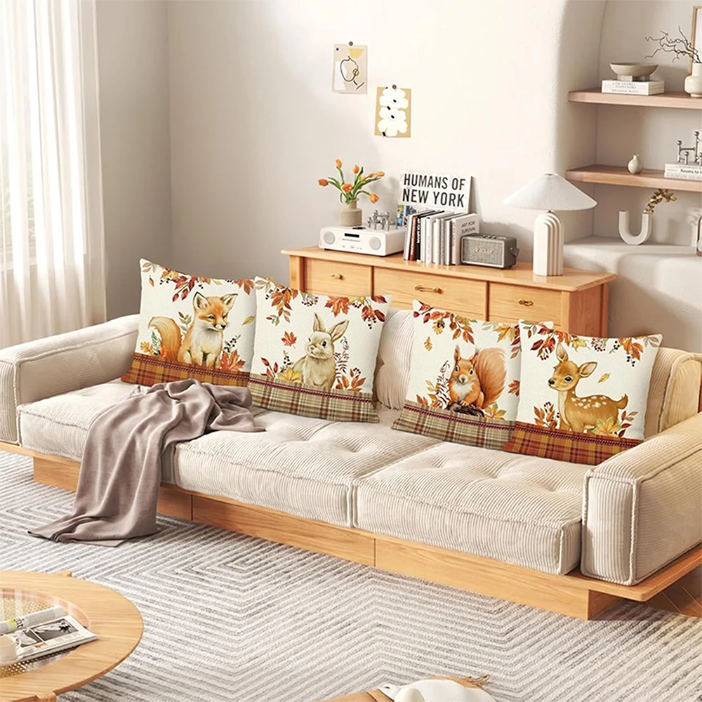 أربعة أغطية وسائد مطبوعة على شكل حيوانات بطابع الخريف: غطاء وسادة أريكة الثعلب والأرنب والسنجاب والغزلان، ديكور غرفة المنزل #4