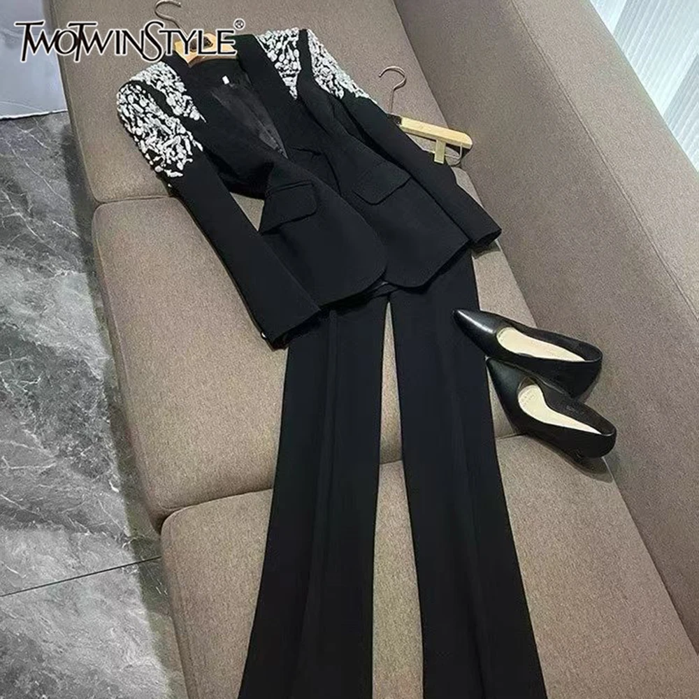 

TWOTWINSTYLE Элегантные комплекты из двух предметов для женщин, топ с длинными рукавами и лацканами, брюки с высокой талией, темпераментный комплект, женская мода KSE547015
