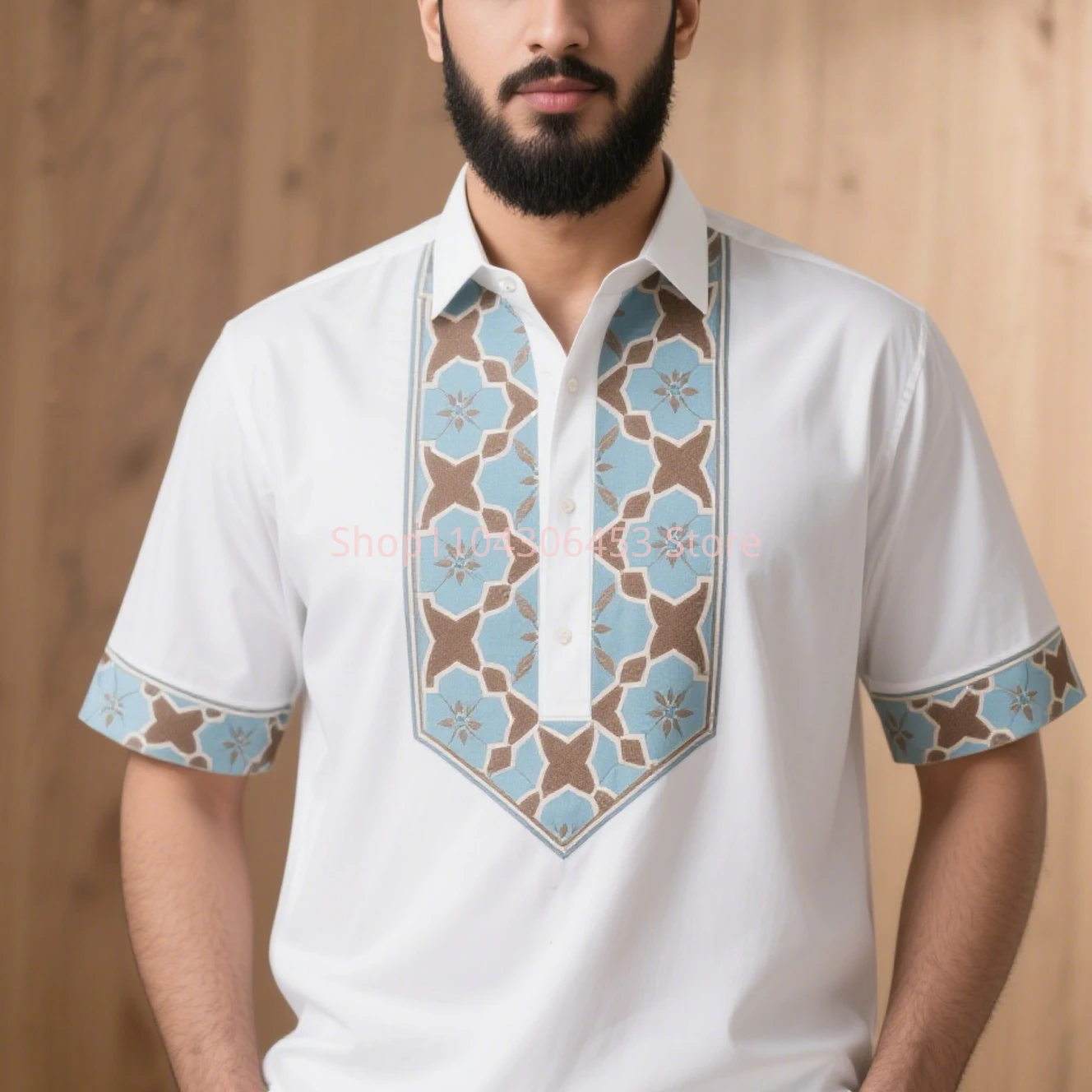 Men simple retro fashion ethnic style 3D printed short-sleeved lapel shirt light breathable light color Hawaiian beach vacation