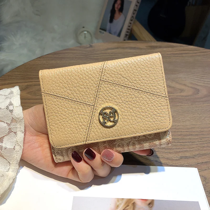 Fashion Patchwork Cowhide Women Wallets Short Genuine Leather Billfold Original Design 3-fold Wallet Letter Pattern Logo Purse