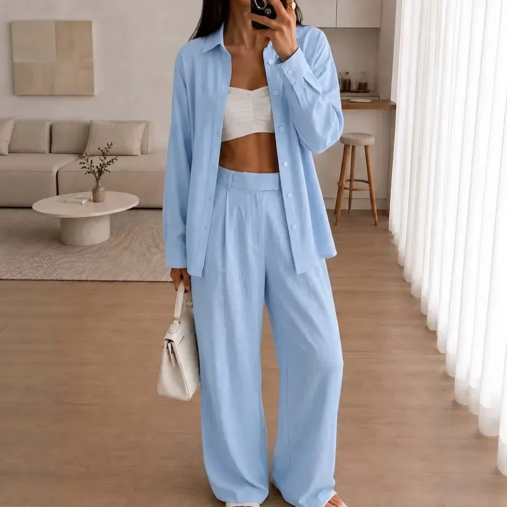 Women Summer Satin 2 Piece Outfit Long Sleeve Sun Protection Shirt Wide Leg Pants Loose Fit Soft Breathable Flattering