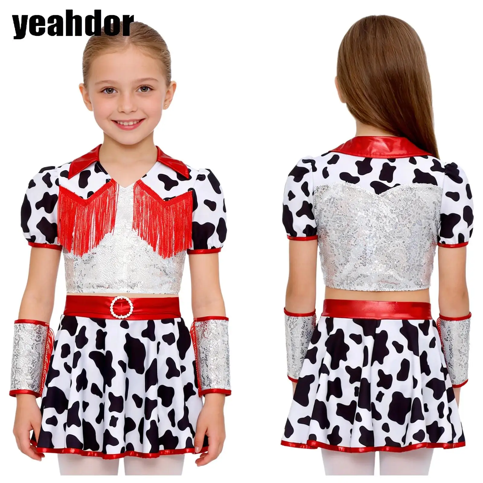 

Girls Western Cowgirl Costume Jazz Dance Outfit Sequin Crop Top with Skirt Culottes Tassel Cuffs for Halloween Carnival Party
