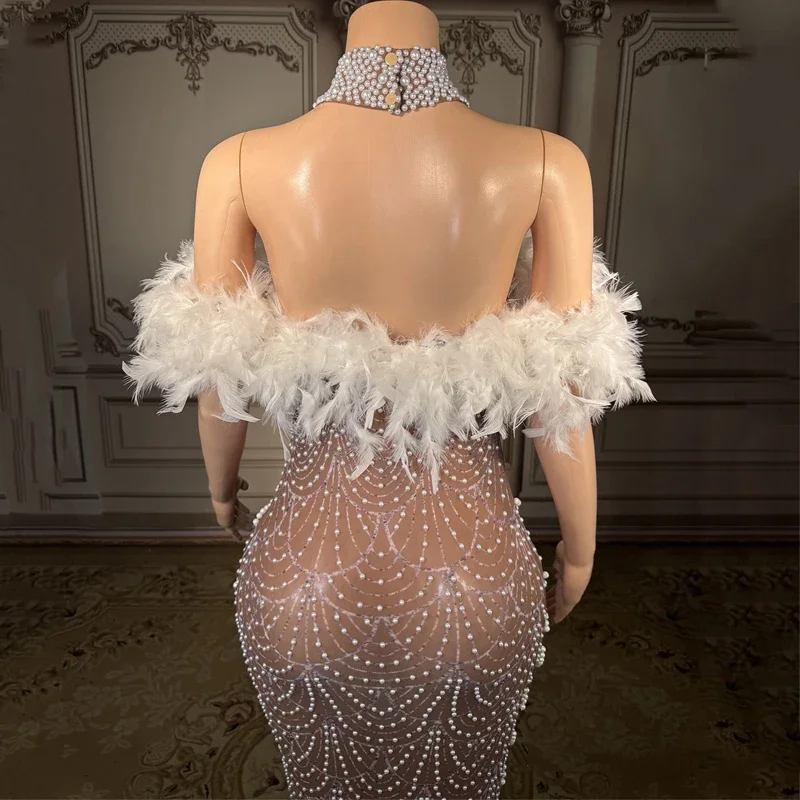 High-End Rhinestones Pearls Festival Outfits Women Feather Evening Dresses Birthday Important Occasion Party Dresses