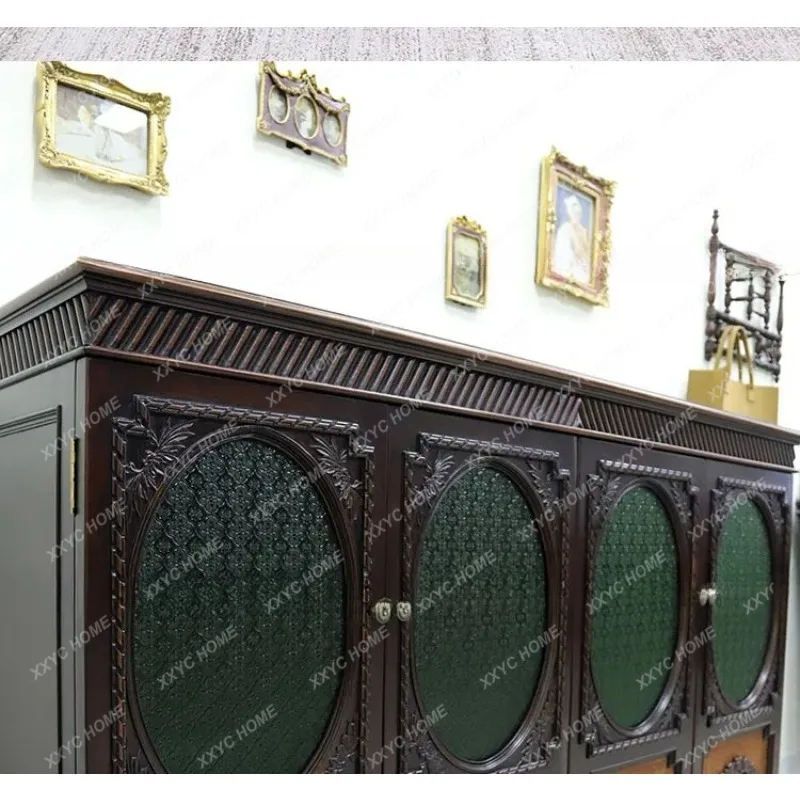 XX classic retro colored begonia glass rattan carved dining side cabinet