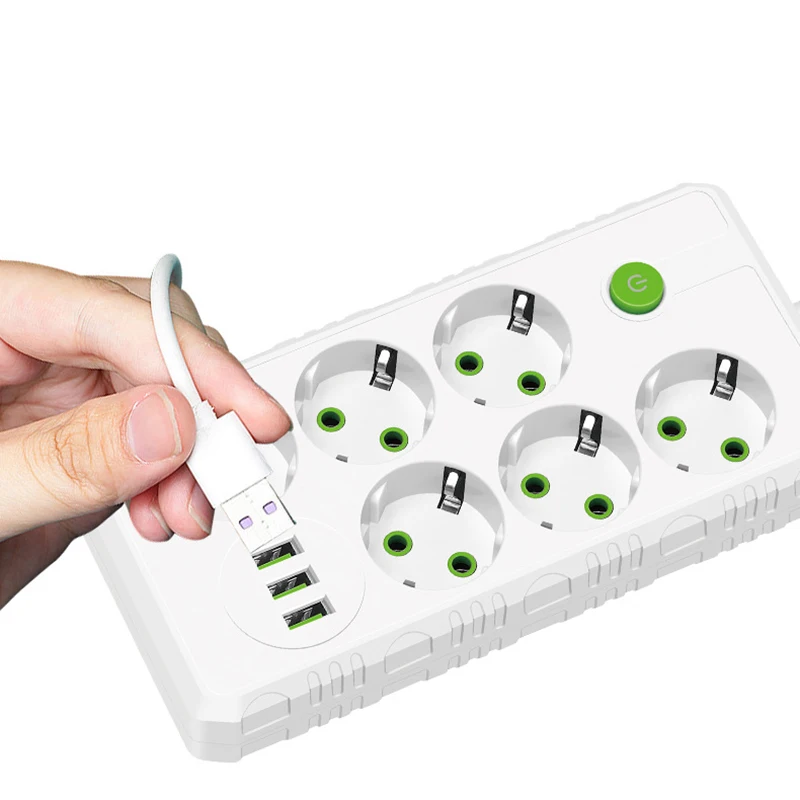 EU Plug Outlet 2/4/6 Sockets Multitap Power Strip Electrical Socket 2m Extension Cord with 3 USB Ports 2500W MAX Power 1 Switch