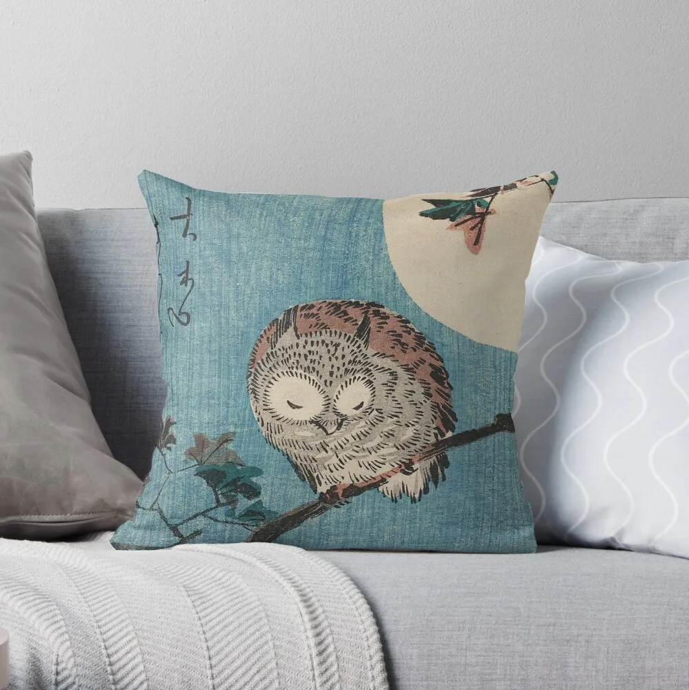 HD Small Horned Owl on Maple Branch under Full Moon, by Utagawa Hiroshige HIGH DEFINITION Throw Pillow Cushions Home Decor