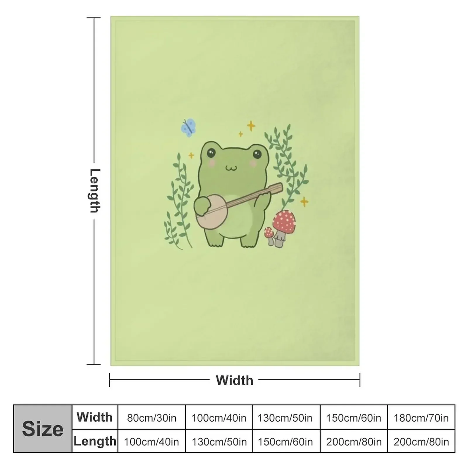 Cute Kawaii Frog Playing Banjo - Toad Plant Fungi Blue Butterfly - Cottagecore Aesthetic Mushroom - Chubby Phrog Throw Blanket