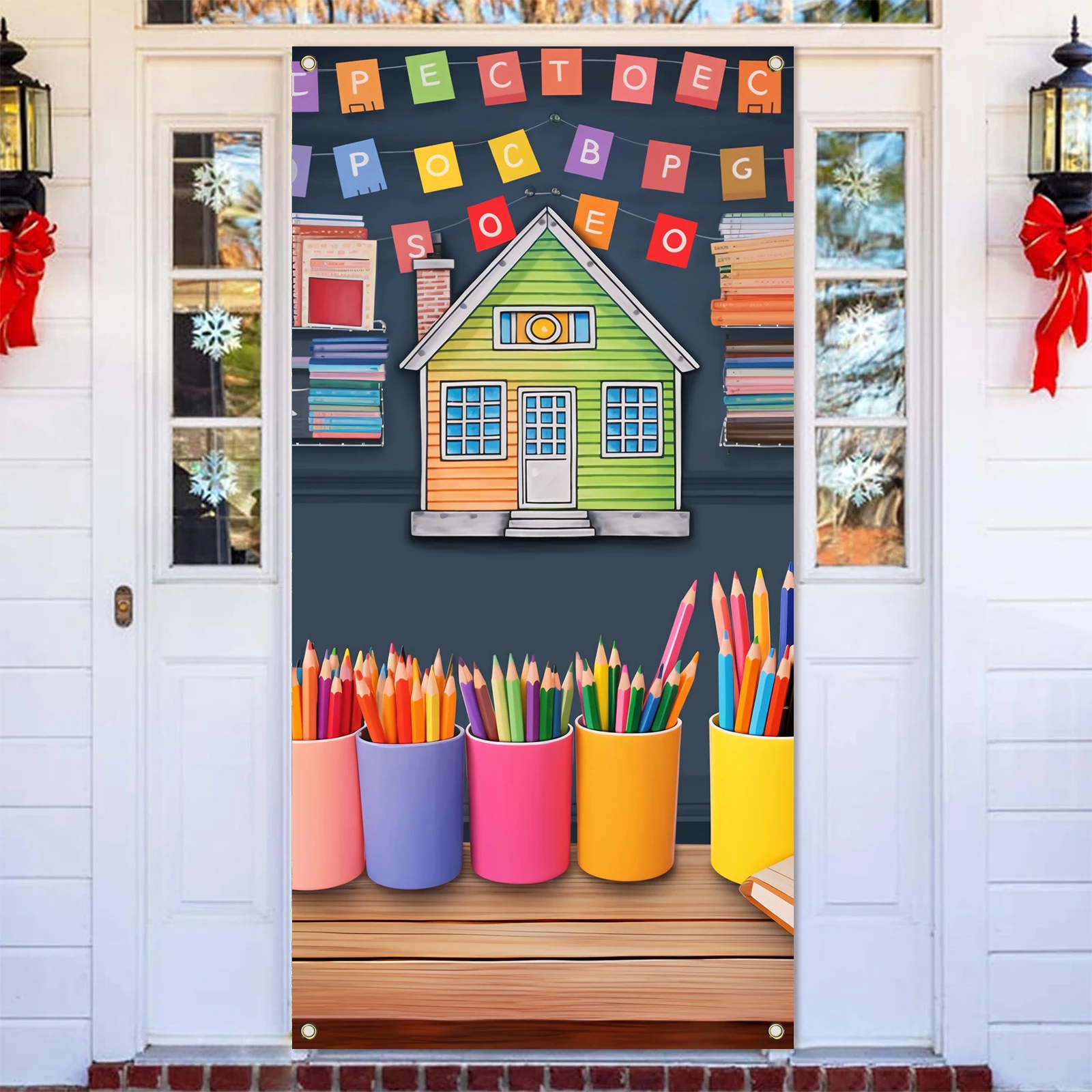 Fondo de cubierta de puerta de regreso a la escuela, pancarta de puerta de dibujos animados de Graffiti para bebés y niños, primer día de guardería, 70x35 pulgadas