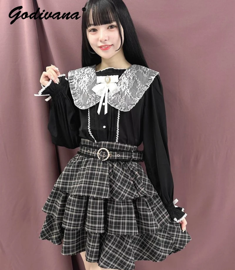 

Japanese Style Rojita Shirts Sailor Collar Lace Stitching Mine Lace-up Bow Bubble Long Sleeve Top Lolita Autumn New Blouse Shirt