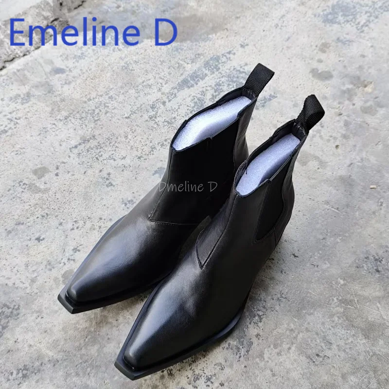 

Black Pointed Chelsea Boots for Both Men and Women Thick Heel Thick Sole Height Increasing Retro Distressed Short Boots