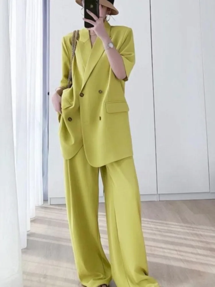 

Women's Summer New Loose Korean Elegant Casual Blazers Jacket Trousers Two Piece Thin Short Sleeved Suit Coat+Pants Matching Set