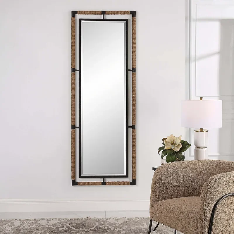Industrial Hemp Rope Full Body Mirror Retro Black Wrought Iron Frame Floor Standing Loft Style Full Length Mirror for Home