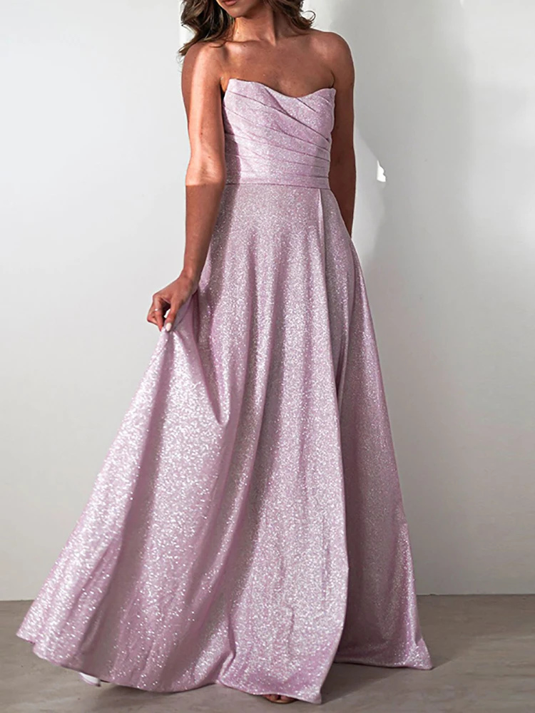 

Women Sexy Strapless High Waist Split Long Dress 2026 Spring Fashion Sequin Shiny Party Dress Summer Backless Lace-up Maxi Dress