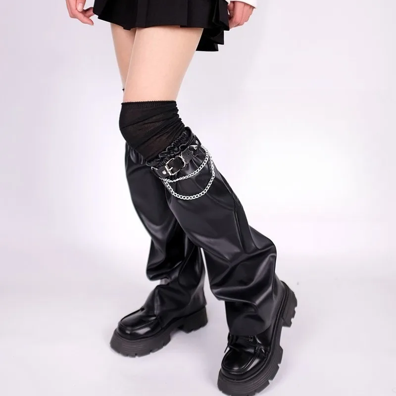 

2025 Spring New Sweet Cool Girl Black Leather Stockings Fashionable Solid Color All-season Galosis Socks Knee High Socks