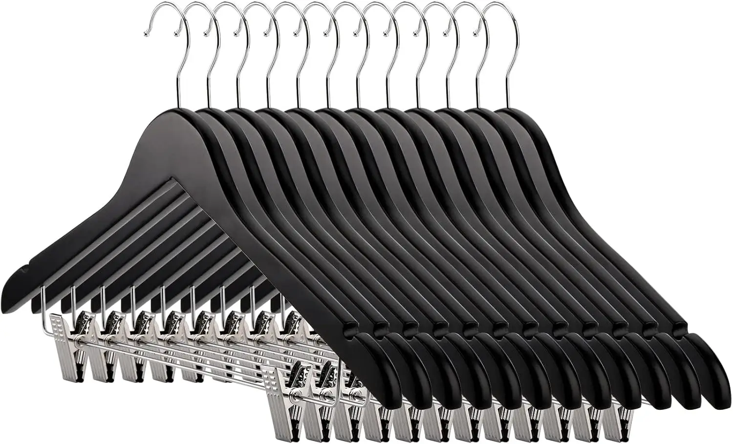 

12-Pack Wooden Clothes Hangers with Steel Clips, Natural Solid Wood for Pants and Shirts - Black