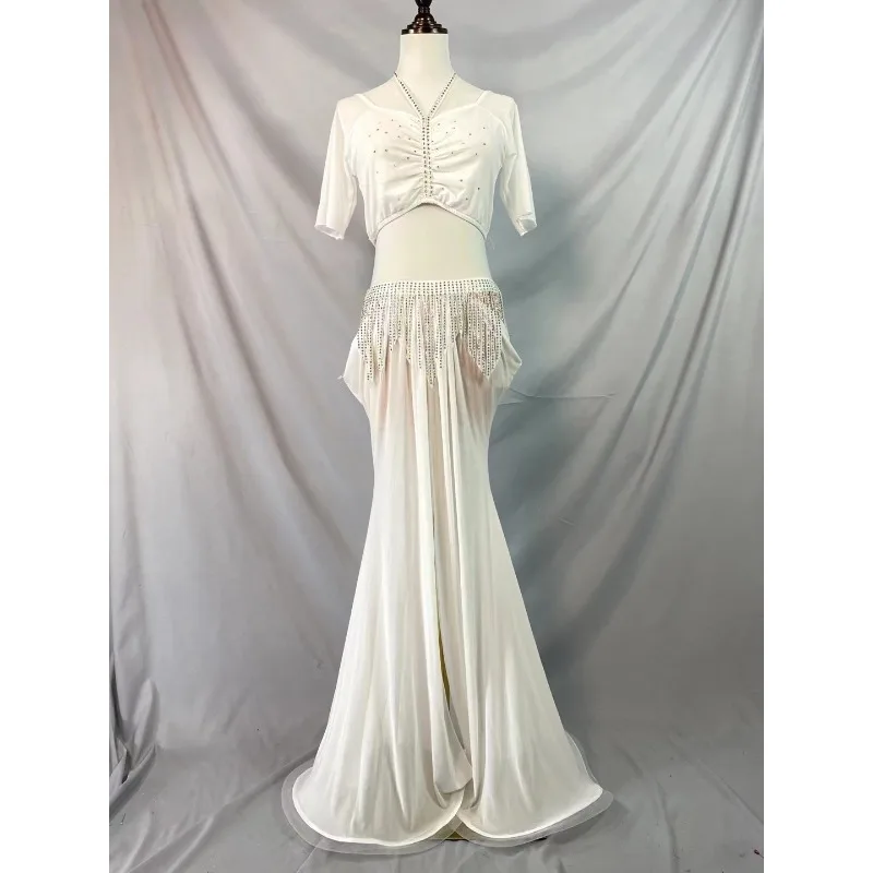 Maßgeschneidertes Bauchtanz-Kostüm, Übungs-Outfit mit sichtbaren Hüften, Diamantkette, Quaste, östliche Tanzkostüme, Klassenuniform