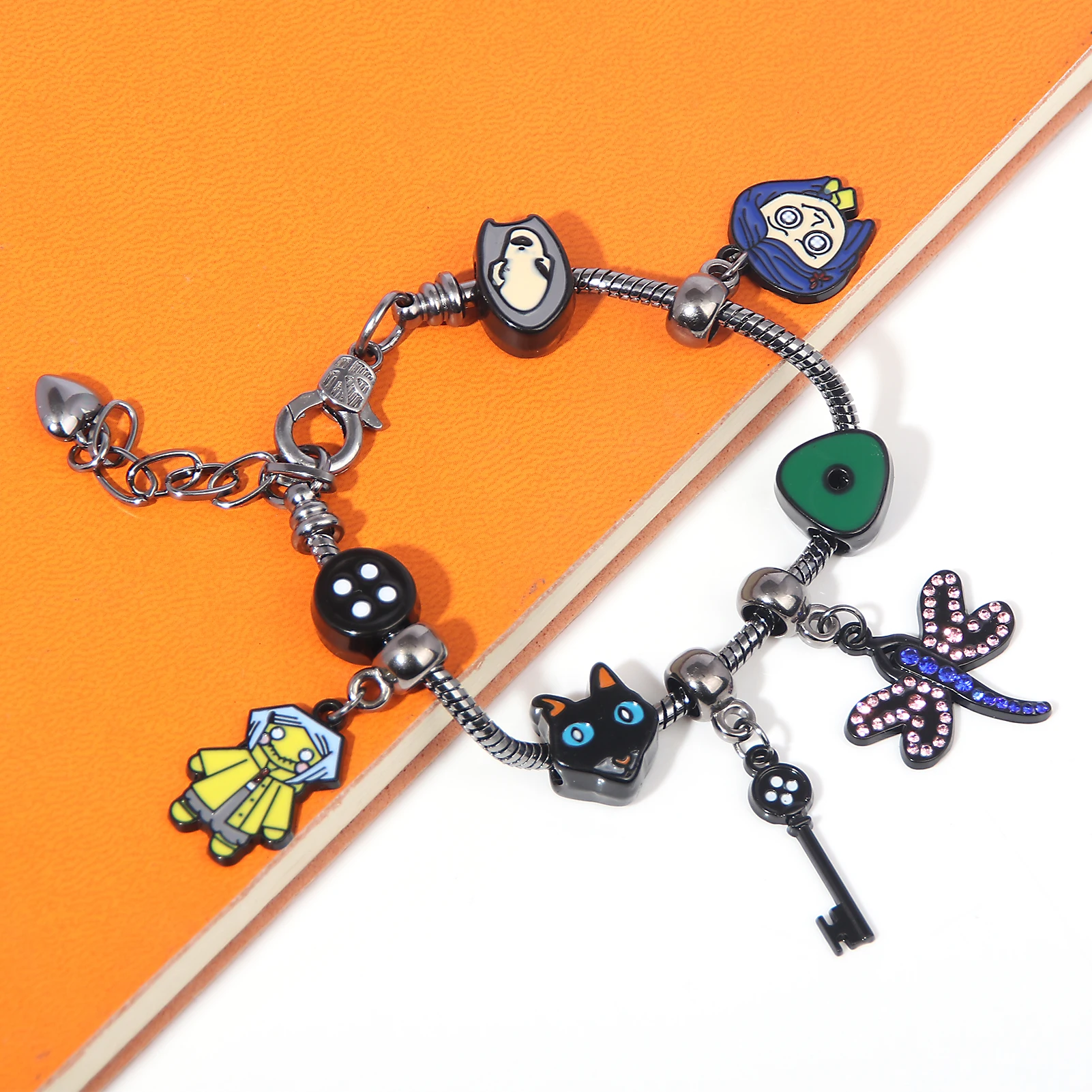 Horror Coraline DIY Charms Bracelet Key and Green Looking Stone Dragonfly Pendants Bangle for Women Men Cosplay Jewelry image 2
